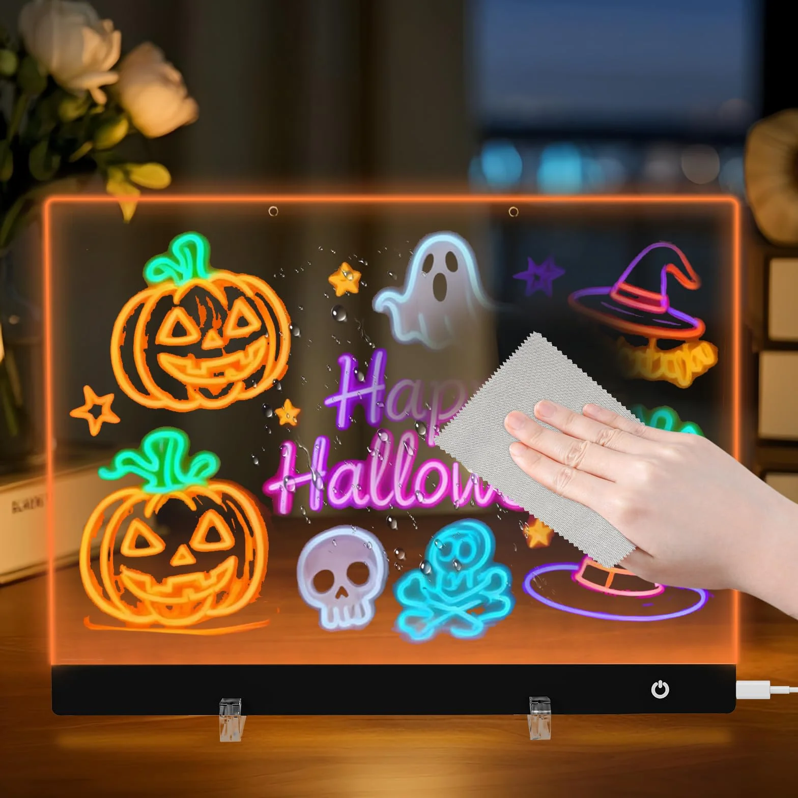 Lavagnetta in Acrilico con Luci LED, 35x25cm Lavagna Promemoria LED, 5 Modalità e 6 Colori Lavagna Luminosa per Disegnare, Tavoletta Grafica Bambini con Penna a 7 Colori, Catena, Supporto