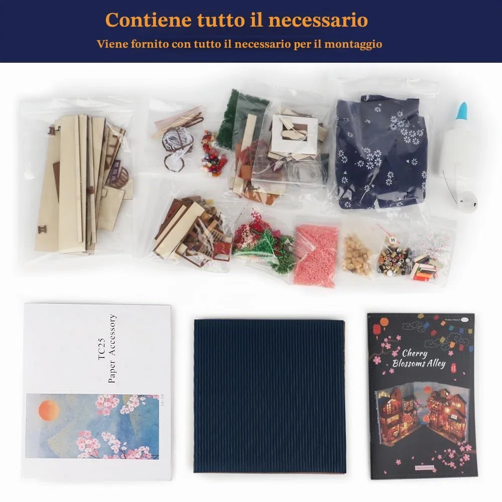 Kit per libri fai da te, puzzle 3D in legno, casa con luci a LED e mobili, casa delle bambole in miniatura, kit per modellini da costruire (vicolo di ciliegio)