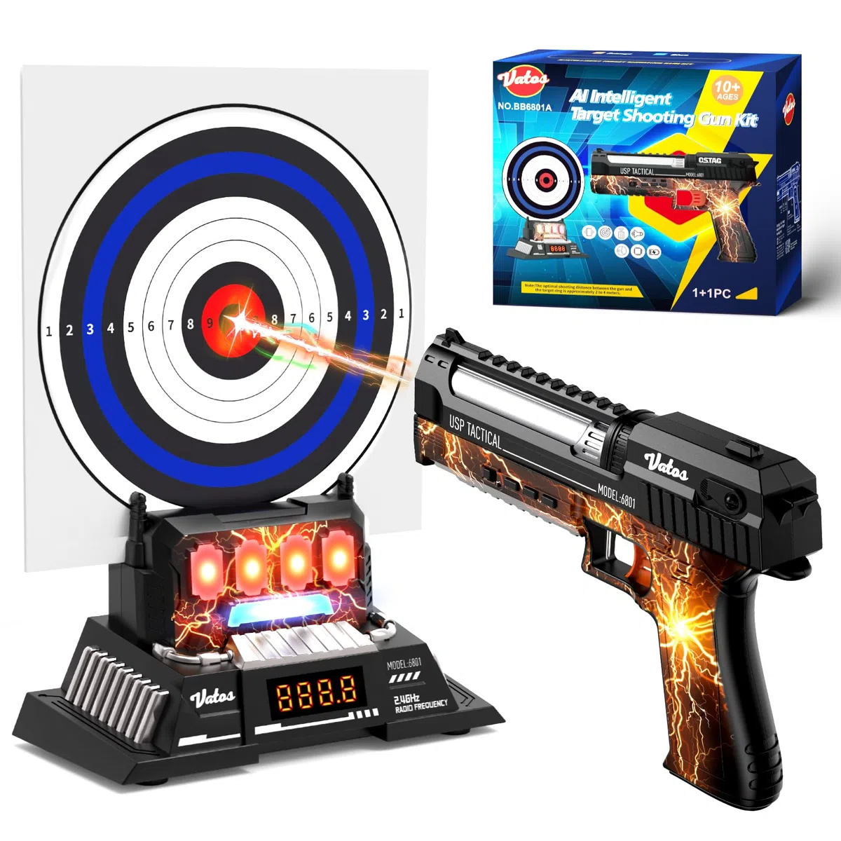 VATOS Set Gioco di Tiro Elettronico Intelligente con Base Bersaglio Punteggio Automatico e Pistola Laser Ricaricabile, Feedback Vocale in Tempo Reale, Giocattolo Interno/Esterno per Adolescenti