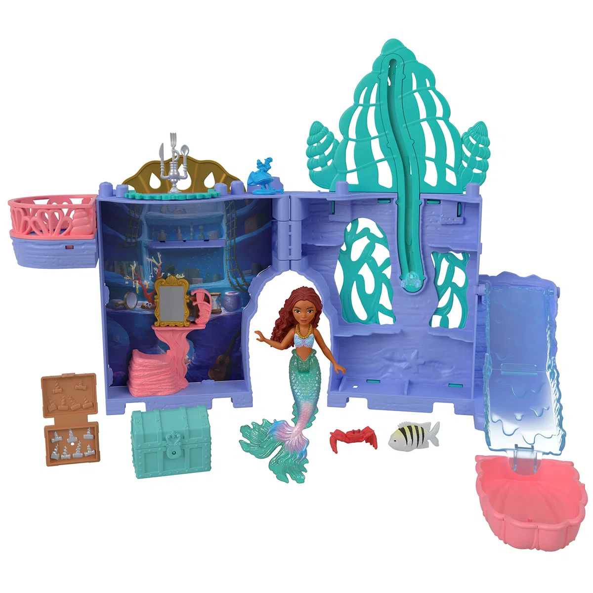 Mattel Disney La Sirenetta - Set C Grotta di Ariel, playset impilabile con mini bambola Ariel, personaggi Flounder e Sebastian e 10+ accessori inclusi, giocattolo per bambini, 3+ anni, HPL54