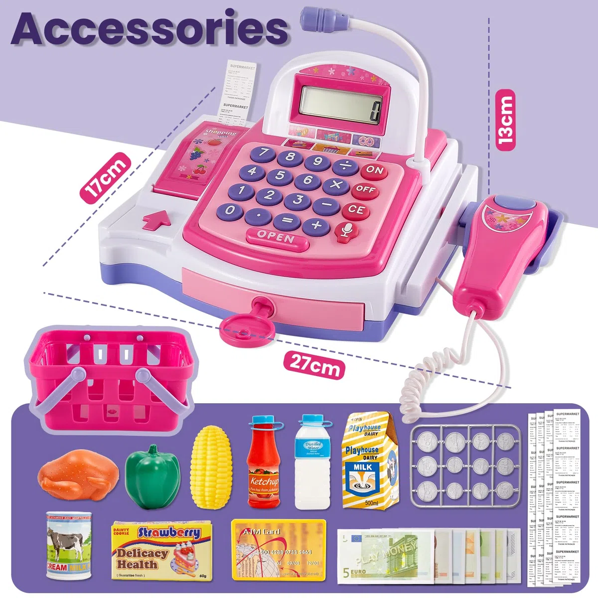 BUYGER Grande Registratore di Cassa Giocattolo per Bambini con Stampante per Ricevute, Scanner, Microfono, Calcolatrice, Supermercato Giochi di Ruolo Regalo per Bambina 3 + Anni