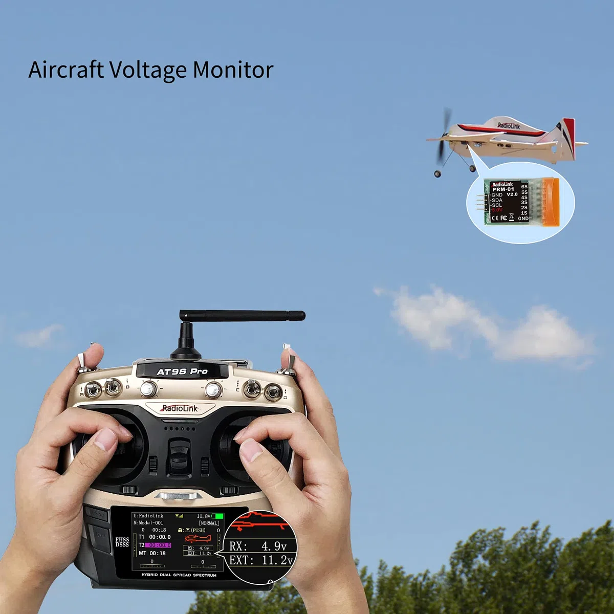 Radiolink PRM-01 Modulo di telemetria di tensione Telemetria in tempo reale (1S-6S) facile da collegare, nessun controllo di volo necessario, funziona con AT9S Pro e AT10II, con cavo di collegamento