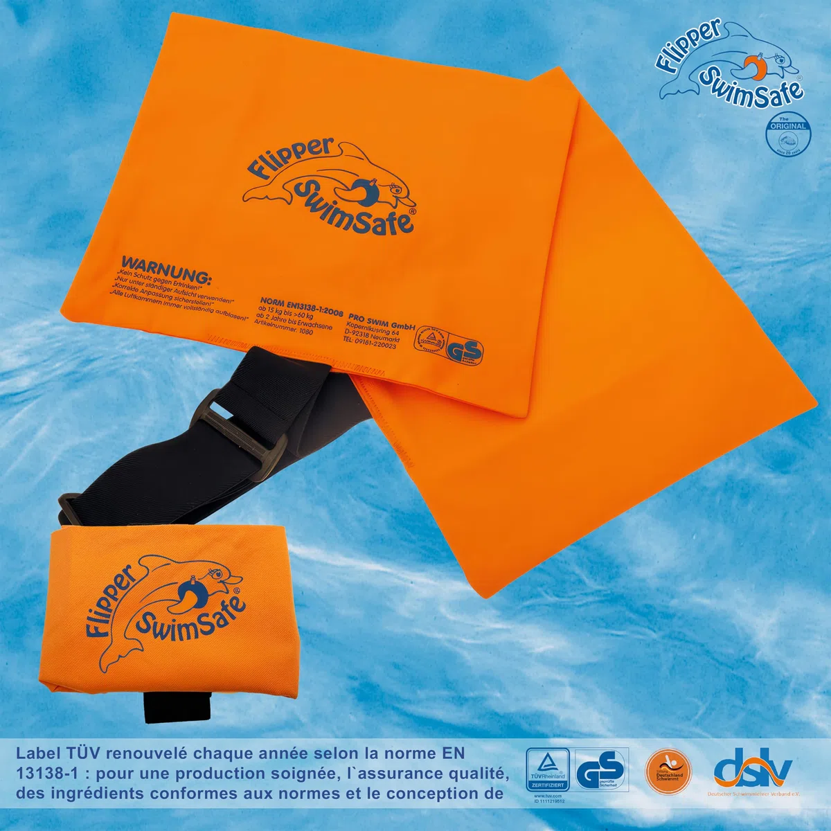 Flipper Swimsafe 1080 - Cuscino da nuoto per bambini in cotone, ausilio per il nuoto sicuro con elastico regolabile per imparare a nuotare