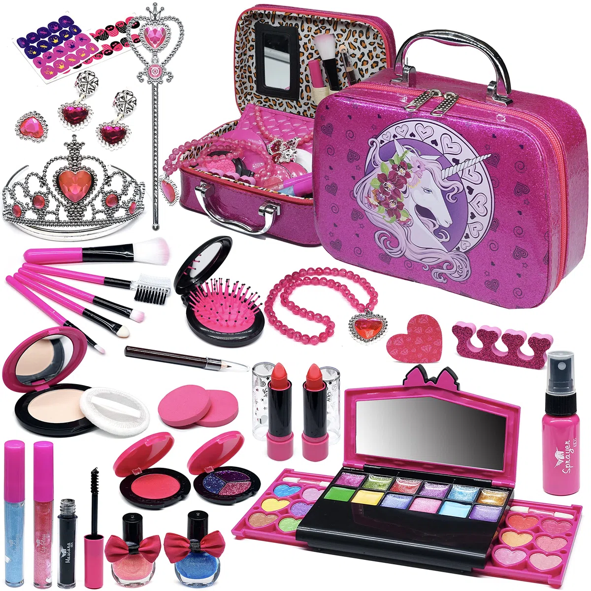 Amerrly Set Trucchi Anallergici - 32 PCS Valigetta Bambina, Giochi, Unicorno, per Feste, Compleanni, Natale - Regalo 4-10 Anni