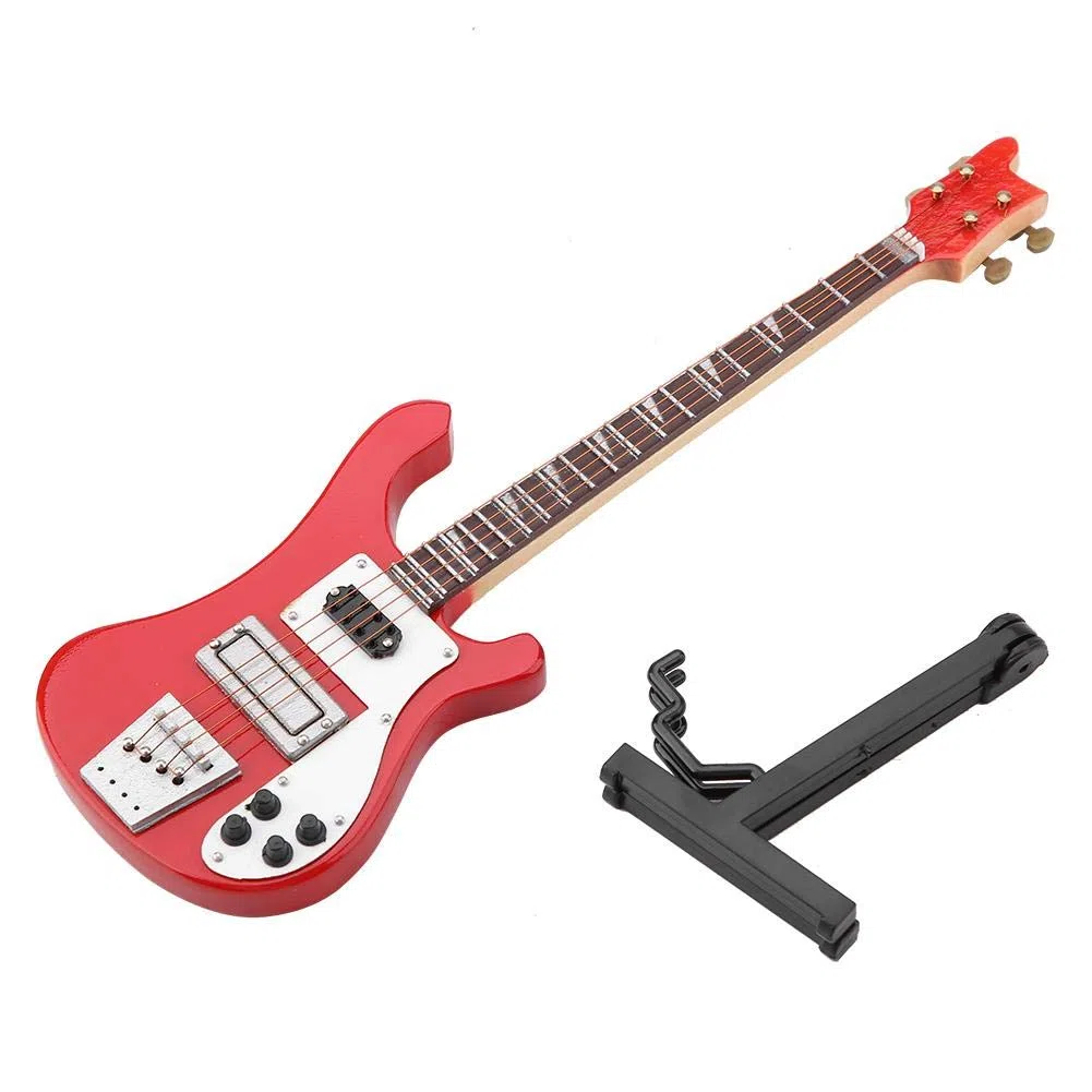 Hilitand Red Miniature Bass ornamenti Guitar Wood Replica Model Ornament con Supporto Regolabile Mini Art Projects