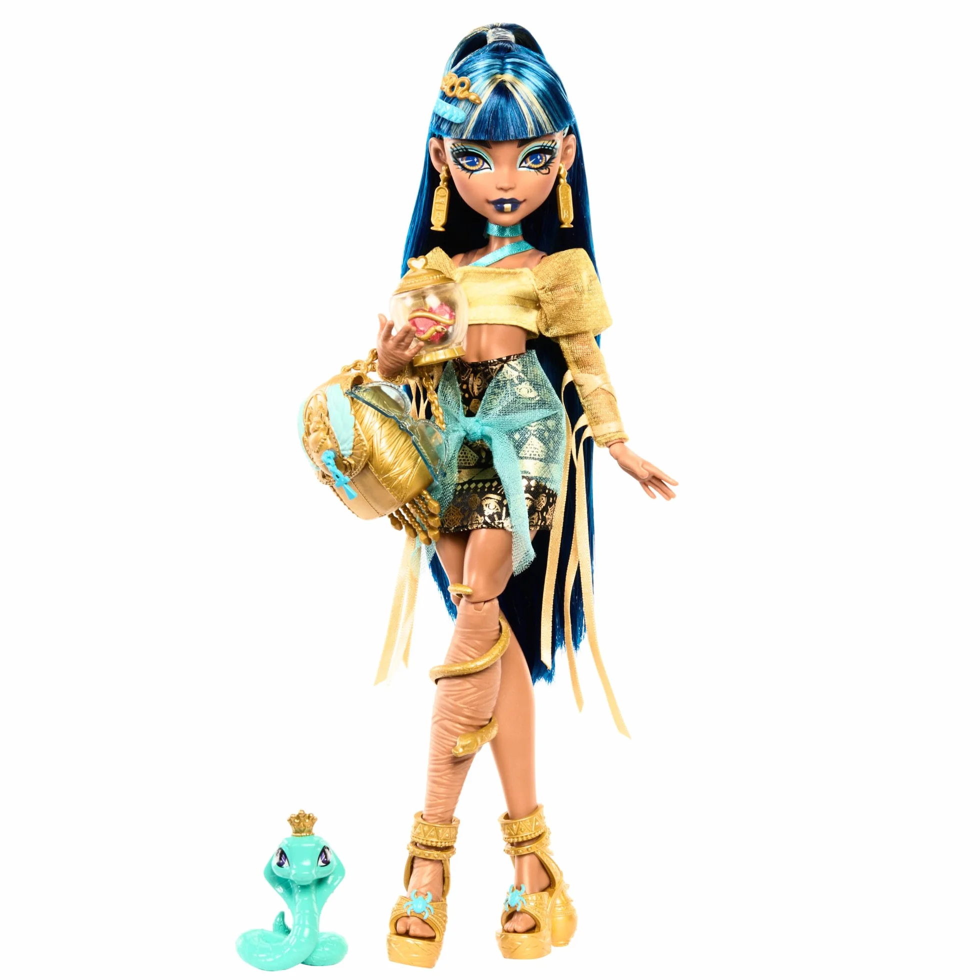 Monster High - Cleo de Nile, bambola con camicetta dorata e gonna a strati, cucciolo di cobra Hissette e accessori come zaino, snack e pergamena inclusi, giocattolo per bambini, 4+ anni, HXH74