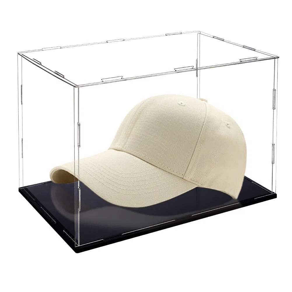 AHANDMAKER Espositore per cappelli in acrilico, trasparente, antipolvere, con base nera, espositore cubo per action figure, baseball, protezione armadio, 30,5 x 20,3 x 20,3 cm