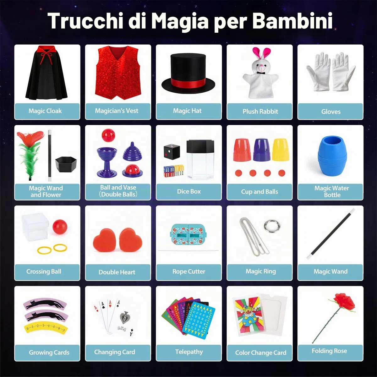 DINORUN Giochi di Magia per Bambini Giochi Bambini con Cappello Magico & Istruzioni & Costume da Mago per Bambini – Gioco di Ruolo Immaginario, Regalo Bambini 6 7 8 9 10 11 12 Anni