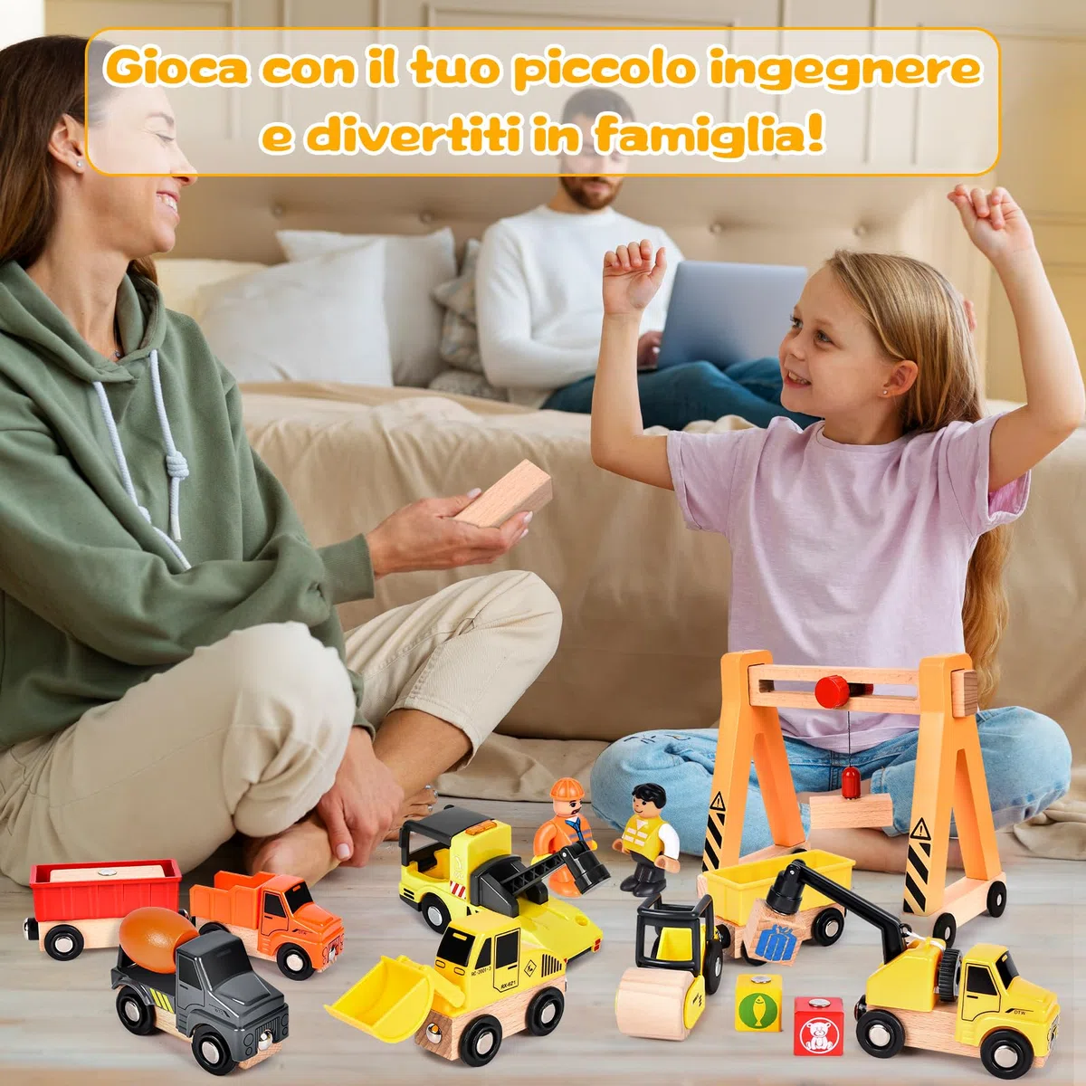 Buzzoxerex Veicolo da Cantiere in Legno per Bambini, Magnetico Veicoli Gru Giocattolo con Gru a Cavalletto, Rullo compressore, Carro Attrezzi, Veicoli da Costruzione Regalo Bimbo dai 3 anni