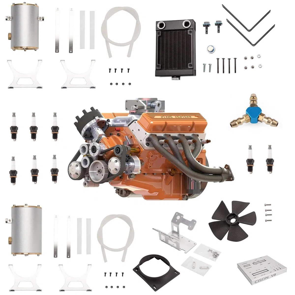 CISON-V8 - Kit modello motore con accessori, motore OHV V8 in metallo 44 CC in scala 1/6, raffreddato ad acqua, kit modello di motore a 4 tempi, modello di esperimento fisico per adulti
