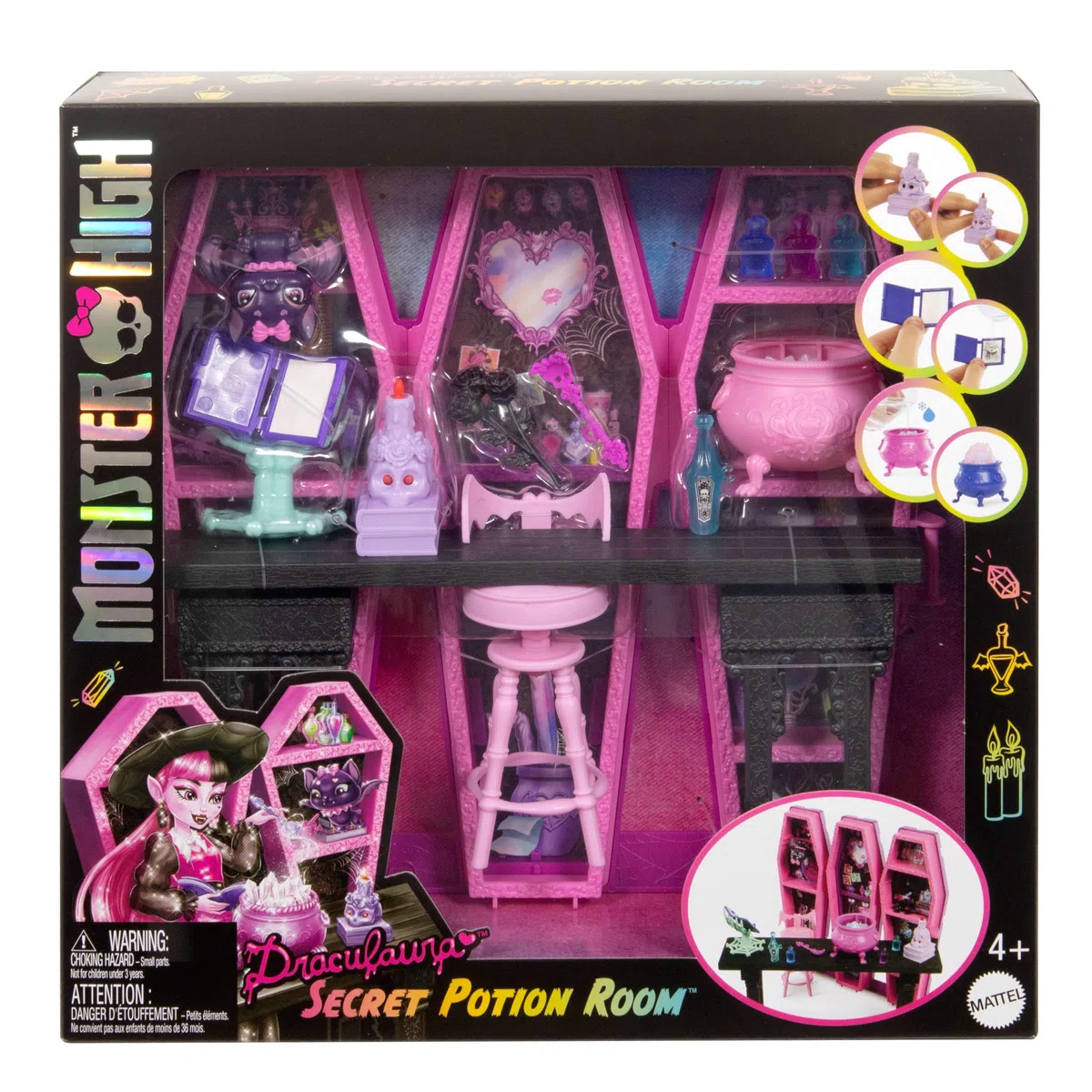 Monster High - Stanza delle Pozioni Segrete, playset con 12 accessori e trasformazioni a sorpresa, cucciolo di pipistrello Conte Fabulous incluso, giocattolo per bambini, 4+ anni, JBF15
