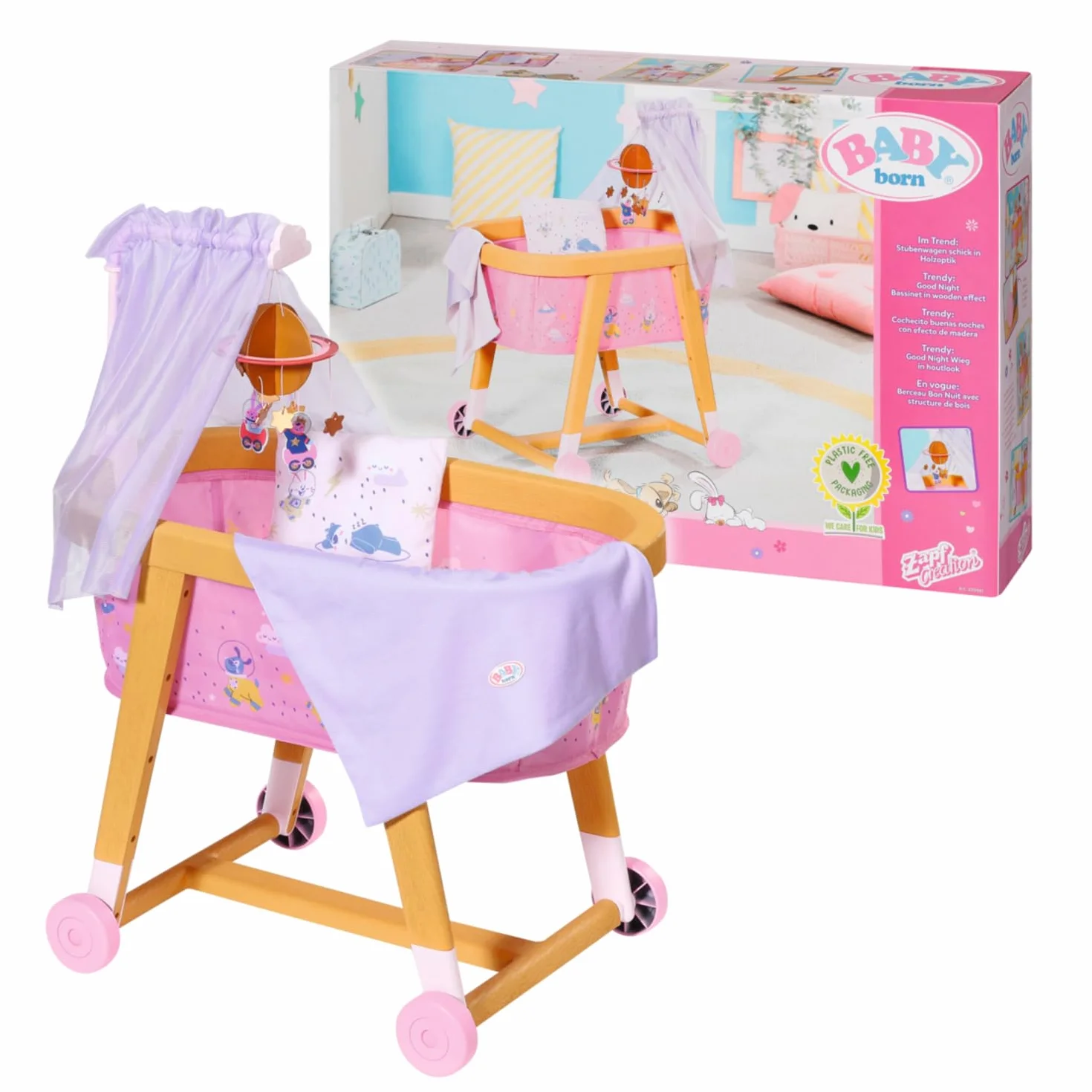BABY born Good Night Culla per Bambole 43 cm- per Mani Piccole, Il Gioco Creativo Promuove L'Empatia e Le Abilità Sociali - Età: Dai 3 Anni in Su - Include Lenzuola, Giostrina e Baldacchino
