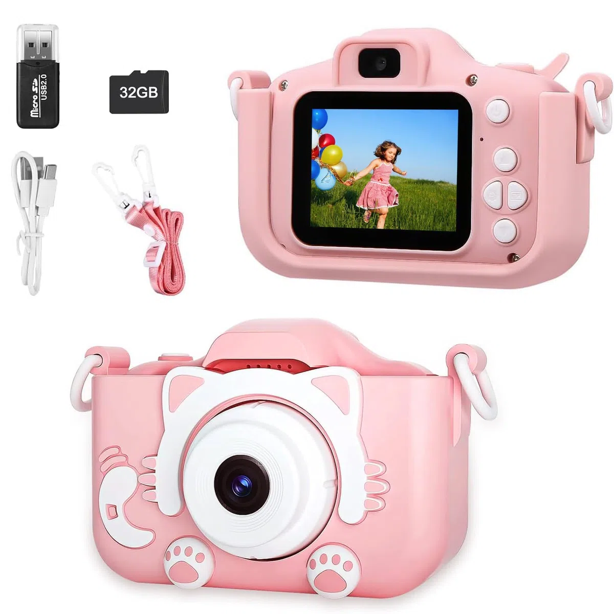 Mini Fotocamera Bambini Ricaricabile 1080P HD 2 Pollici – Macchina Fotografica Digitale 20MP con Doppio Obiettivo Selfie, Scheda SD 32GB e Custodia Silicone Antishock – Giocattolo Educativo, Regalo Id