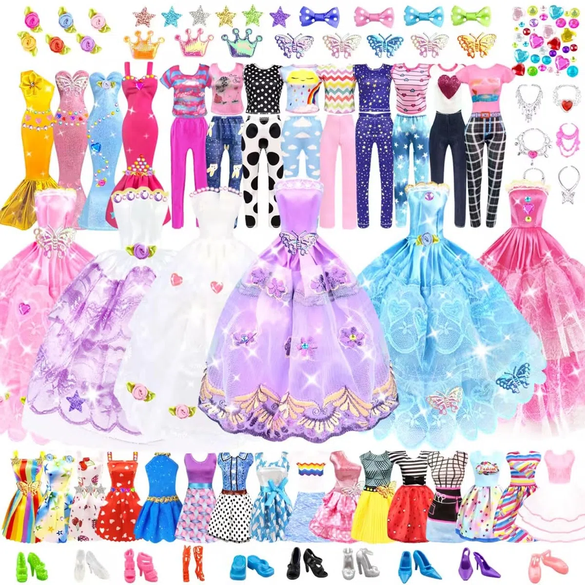 75pezzi Vestiti e Accessori per Bambole Dolls 11,5 Pollici Bambole Playset tra cui 2 Abito da bambola principessa 1 Vestiti di moda 2 Abito da festa 8 mini abiti 3 top e pantaloni 10 scarpe 6 collane