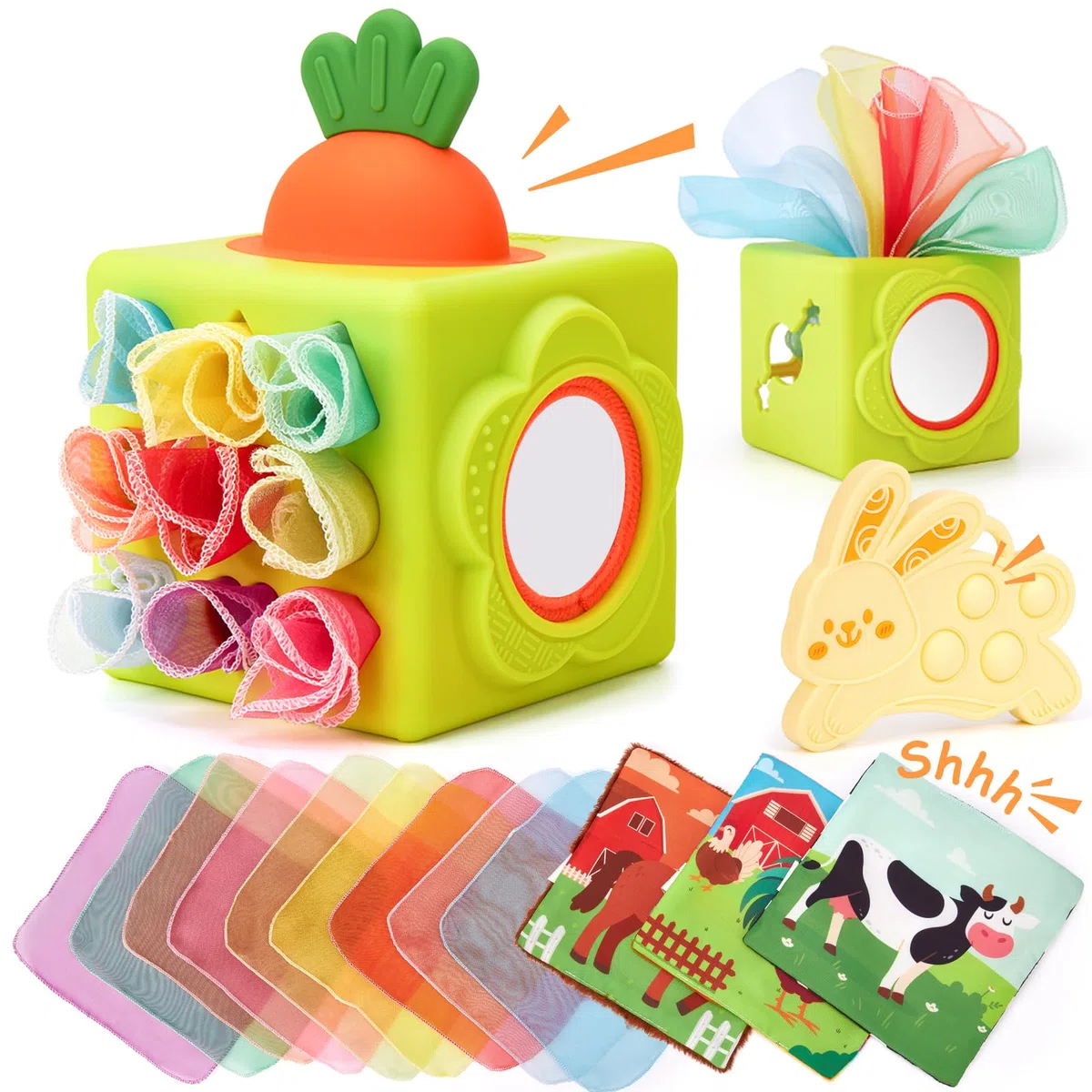 hahaland Giochi Neonato 6 Mesi, Scatola di Fazzoletti in Silicone Sensoriali Neonati Montessori, 6-in-1 Cubo attività con Trame e Specchio, Regalo Educativo Bimbo Bimba 6-12 Mesi