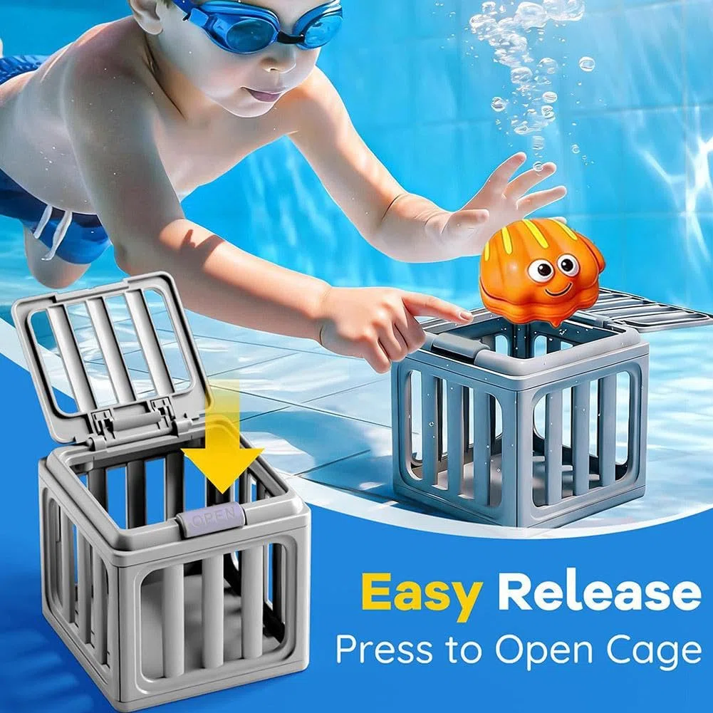 Giocattoli subacquei per piscina, gioco di salvataggio subacqueo con gabbia per piscina e abitanti galleggianti, gioco d'acqua per allenamento di nuoto, regalo estivo per spiaggia (set da 6)