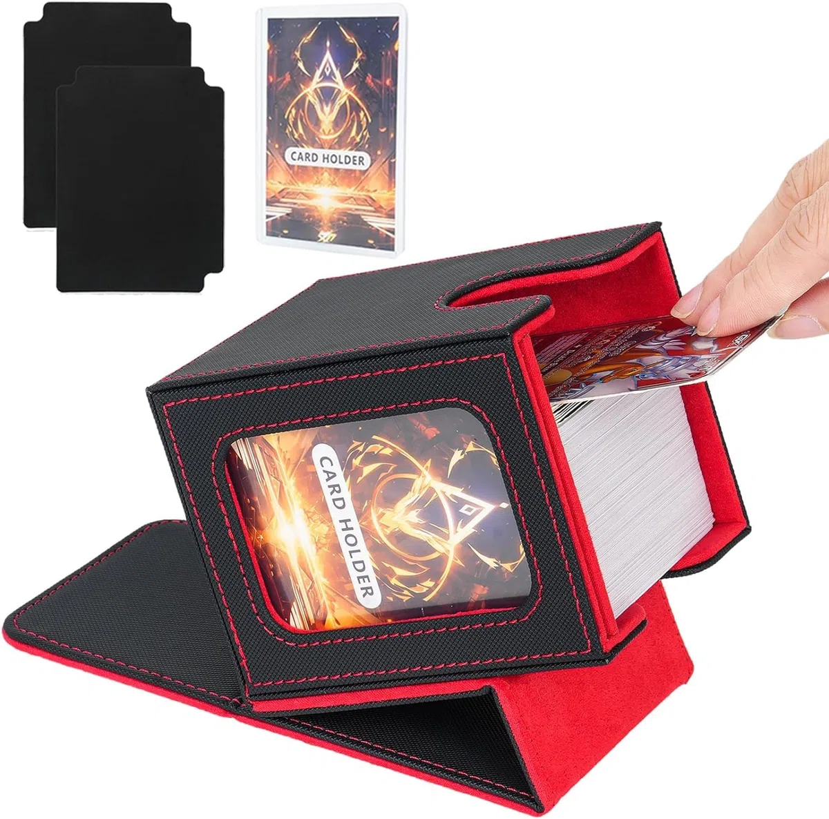 Deck Box con Due Divisori,Magnetic Flip Deck Box Magic mit Display per MTG Magic Commander TCG,Porta Deck Capacità di 100+ Carte,Pelle PU Deckbox,Nero Rosso