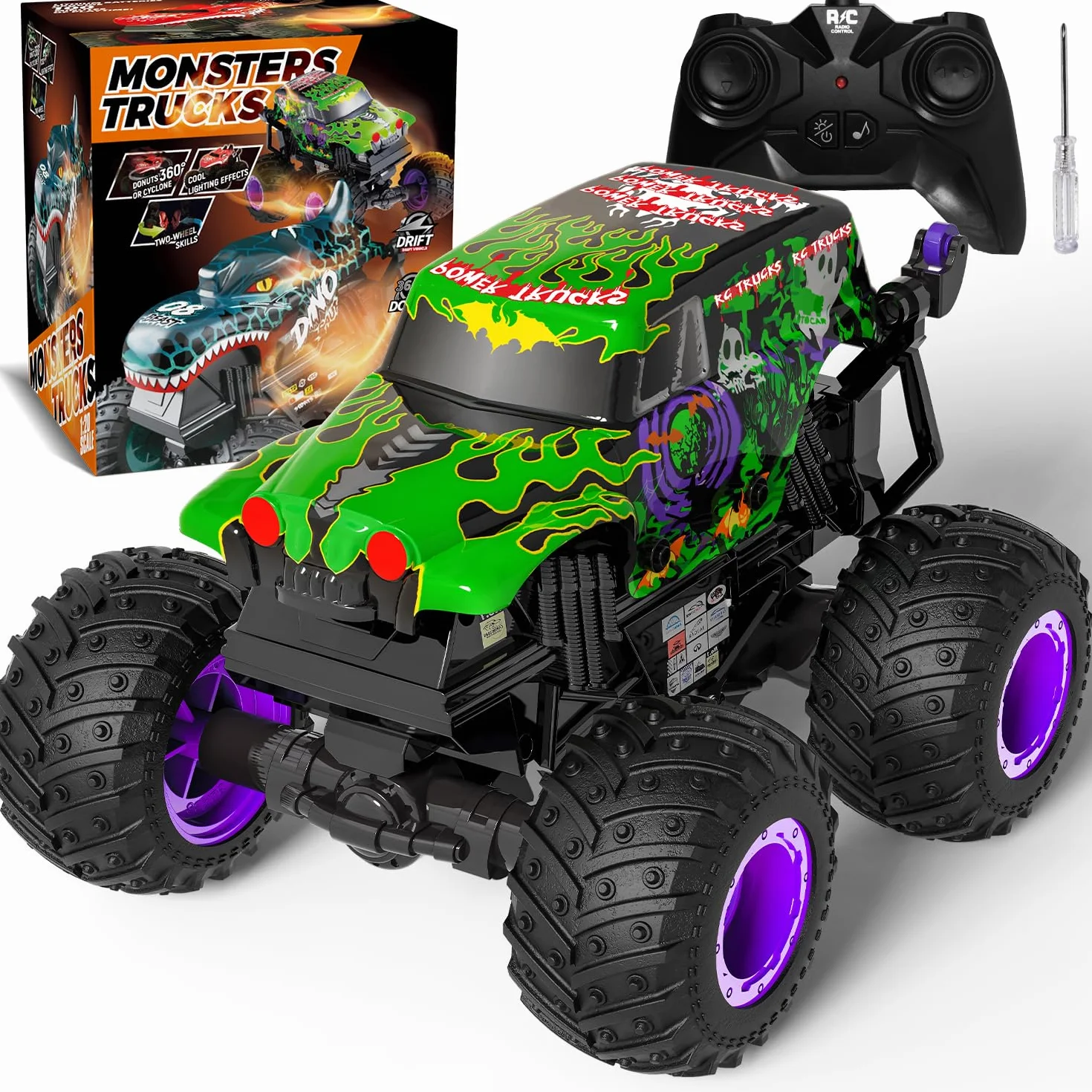 Monster Truck Telecomandato, 20 km/H Macchina Telecomandata con Luce e Musica, 2,4 GHz Macchina Telecomandata per Bambinicon Rotazione di 360° e Acrobazie, Regali per Bambini di 3, 4, 5 e 6 Anni