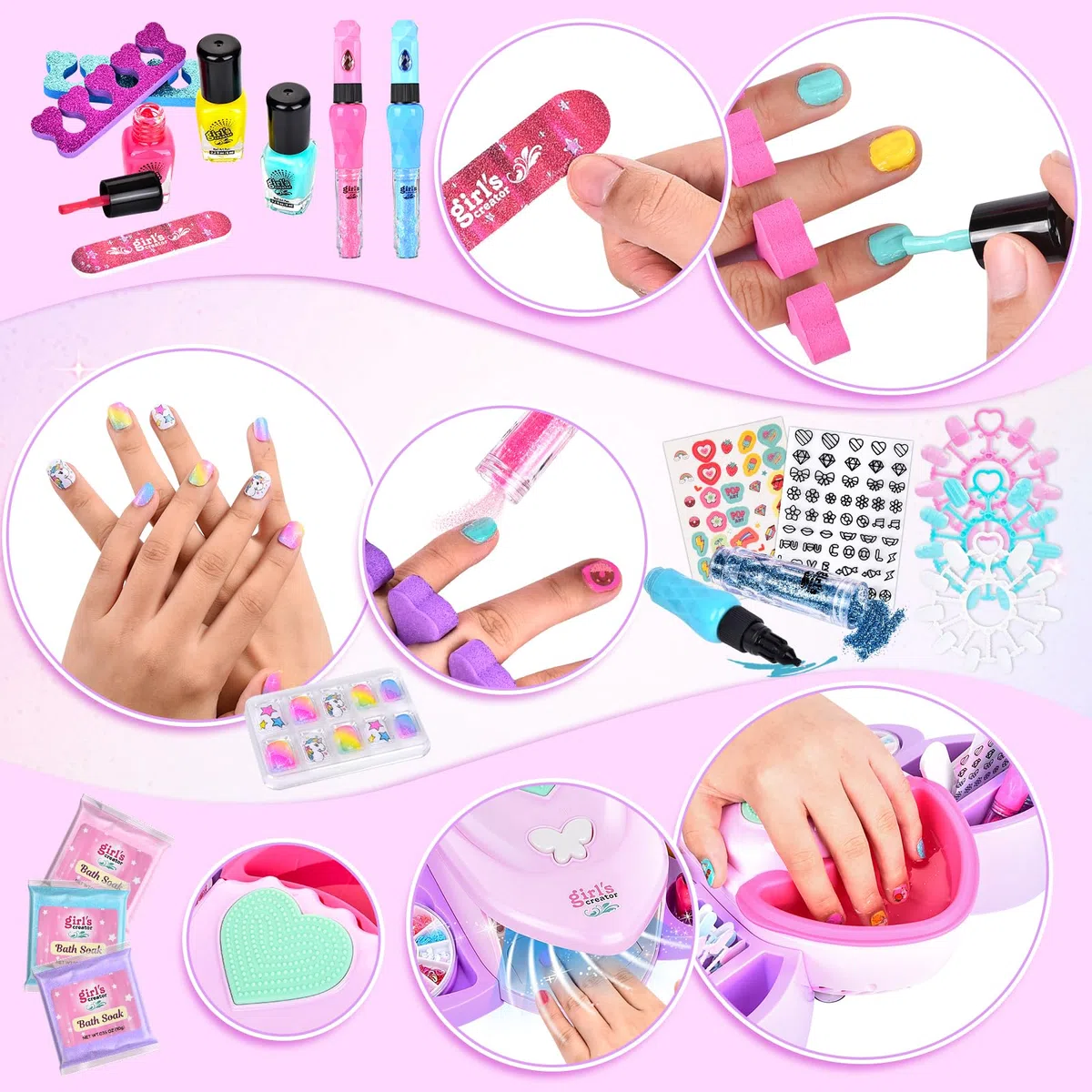 Herenear Set Unghie Bambini Kit con Asciuga, Smalti per Unghie, Kit Compleanno Gioco Regalo per Bambina Ragazza 5-9 Anni