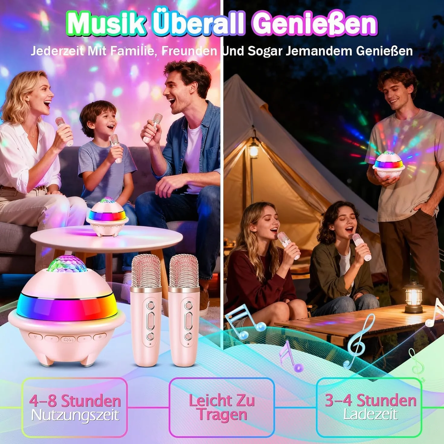 JONRRYIN Karaoke per Bambini con Luci Discoteca, Bluetooth Karaoke con 2 Microfono Wireless, 5 Luce LED e Cambia Voce, Regalo Compleanno per Ragazzi e Ragazze 3-15 Anni (Rosa)