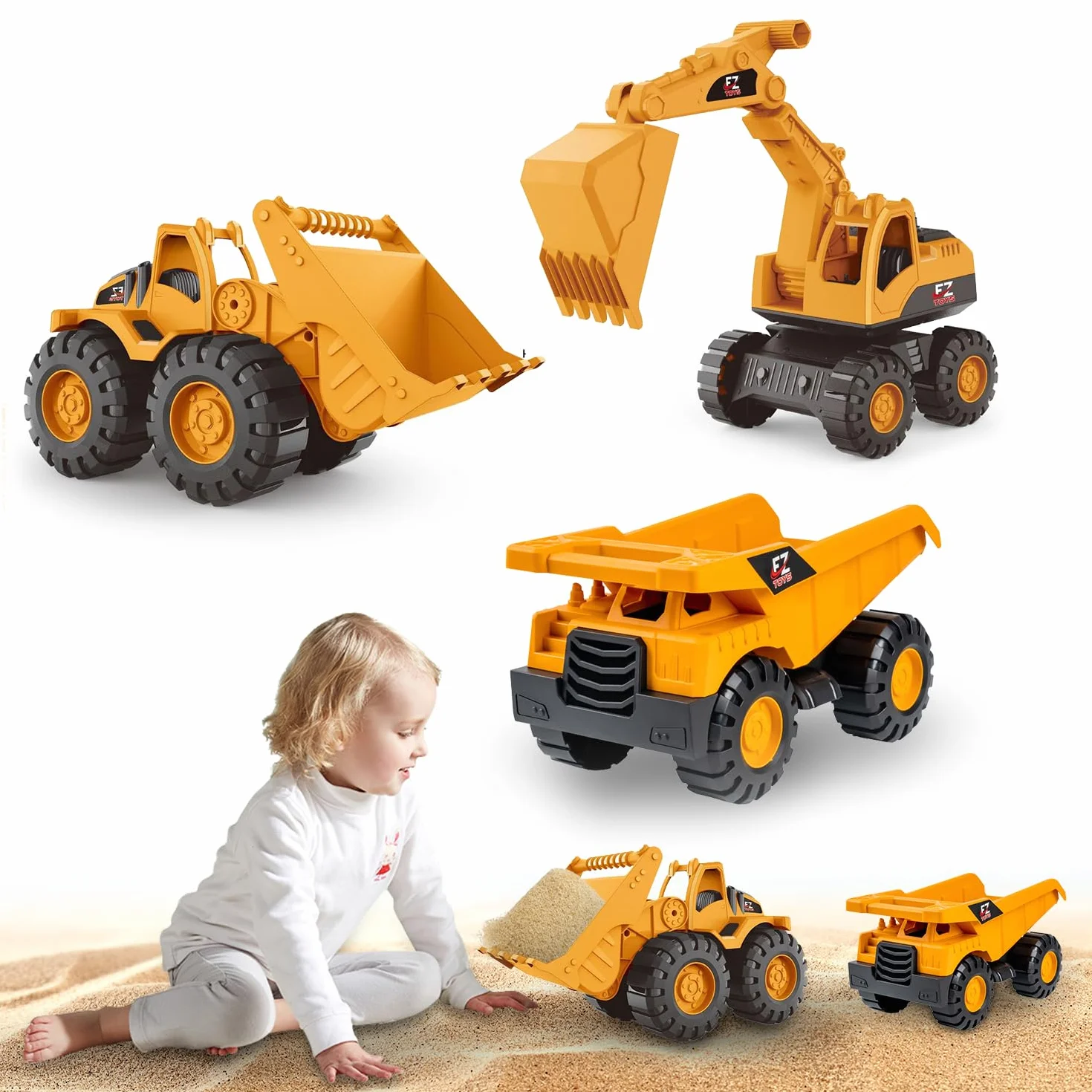 Generico 3 PCS Bambini Escavatore Giocattolo, Escavatore Sabbia Set, Camion Da Cantiere Giocattolo Con Camion Ribaltabile Escavator Caricatore Frontale, Per Bambini Di 3-12 Anni