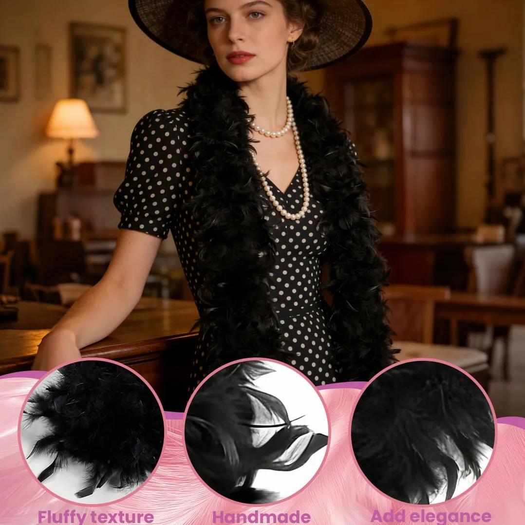 1 PCS Boa di piume nero, Sciarpa di p-iume nere, 2 m, Applicabile a feste, carnevale, Pride, Natale, donne, unisex, accessori, sciarpa di piu-me,bo-a pi-ume