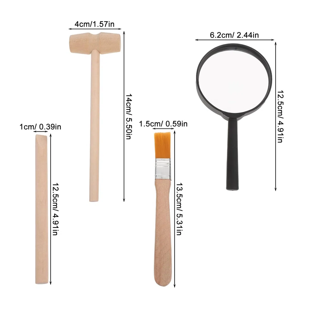 Veemoon Utensili per sepoltura in legno per bambini, martello scalpello, legno per bambini con martello scalpello pennello lente d'ingrandimento per apprendimento fai da te