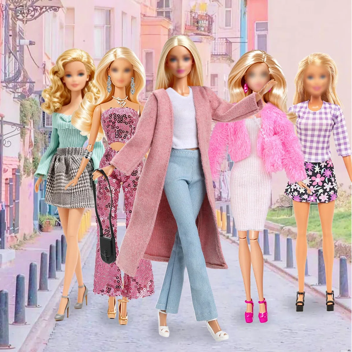 16 pezzi di vestiti e accessori per bambole da 11,5 pollici, cappotto rosa, vestito a motivo pied-de-poule, set casual, selezione casuale di 3 outfit, 6 scarpe, 2 borse, 1 paio di orecchini, 1