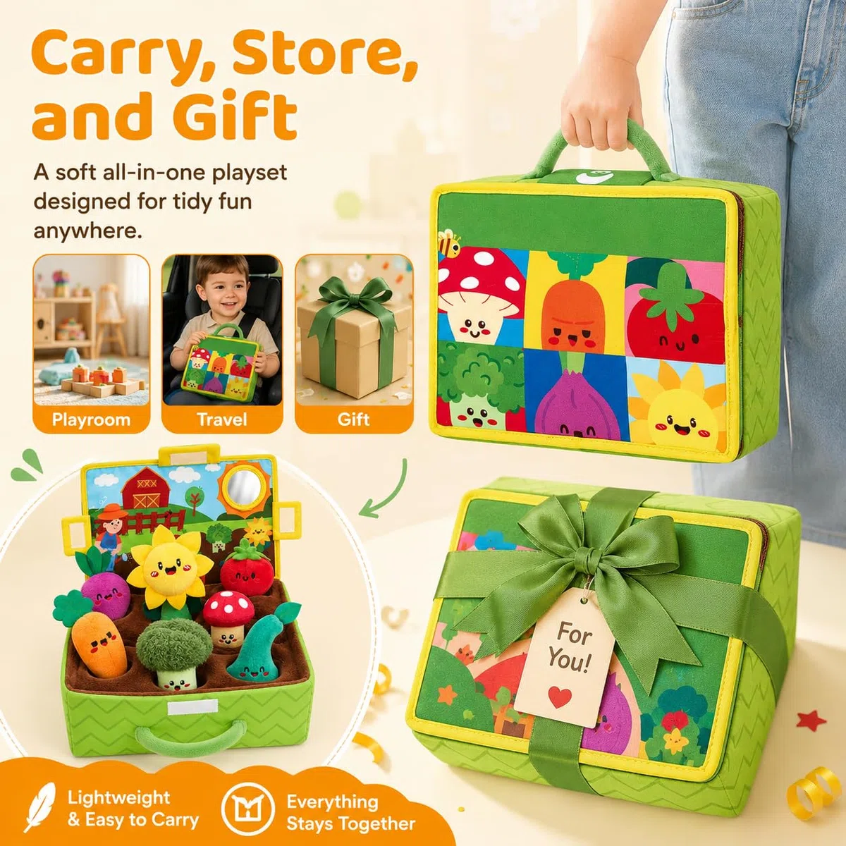 Fattoria Verdura Bambini, Giochi Montessori 1 Anno, Verdura Fattoria per Bambini con Peluche, Libro Sensoriale Neonati, Set Educativo Sensoriale con Sonagli, per La Prima Scoperta del Bebè