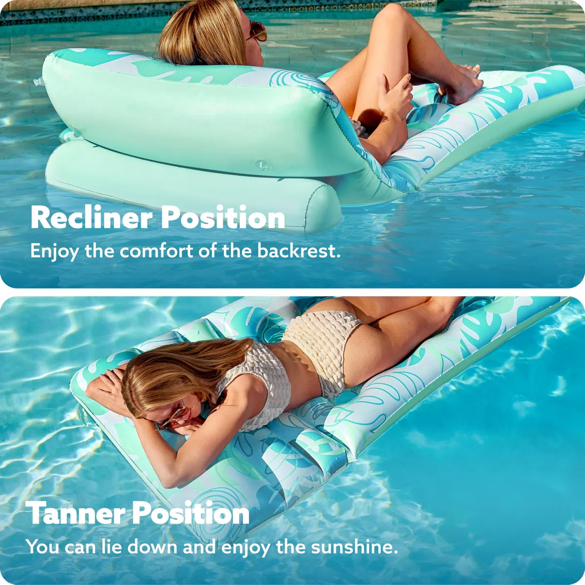 SLOOSH Materassino Gonfiabile per Piscina per Adulti, Lettino Galleggiante con Foglie Tropicali, Schienale Regolabile, Portabicchieri, Perfetto per Abbronzarsi in Piscina, Spiaggia e Lago