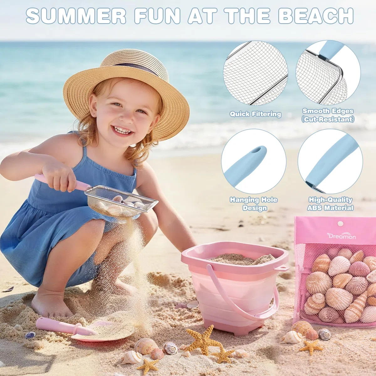 Dreamon Giochi Spiaggia Bambini Set 3 4 5 Anni con Secchiello Spiaggia Bambini Pieghevole Sacco a Rete Setaccio per La Sabbia Pala e Rastrello Giocattoli Regalo Esterno per Bambini e Bambine