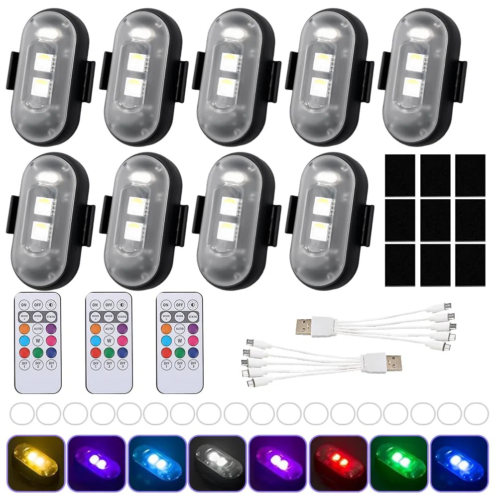 Luci a LED senza fili, 9 pezzi, con telecomando, 8 colori, stroboscopico, con 3 telecomandi, luci a LED senza fili per illuminazione sottoscocca, scooter, drone moto