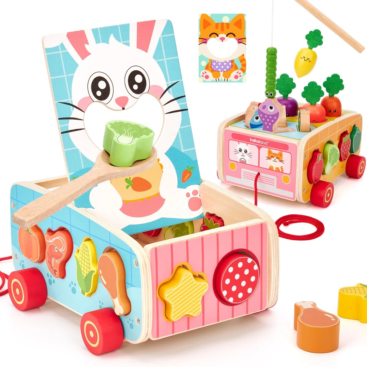 hahaland Giochi Montessori in Legno 1 2 3 Anni, 7 attività Educative con Pesca Magnetica, Motricità Fine e Carrellino Trainabile, Regalo per Bambini Bambina 18 Mesi