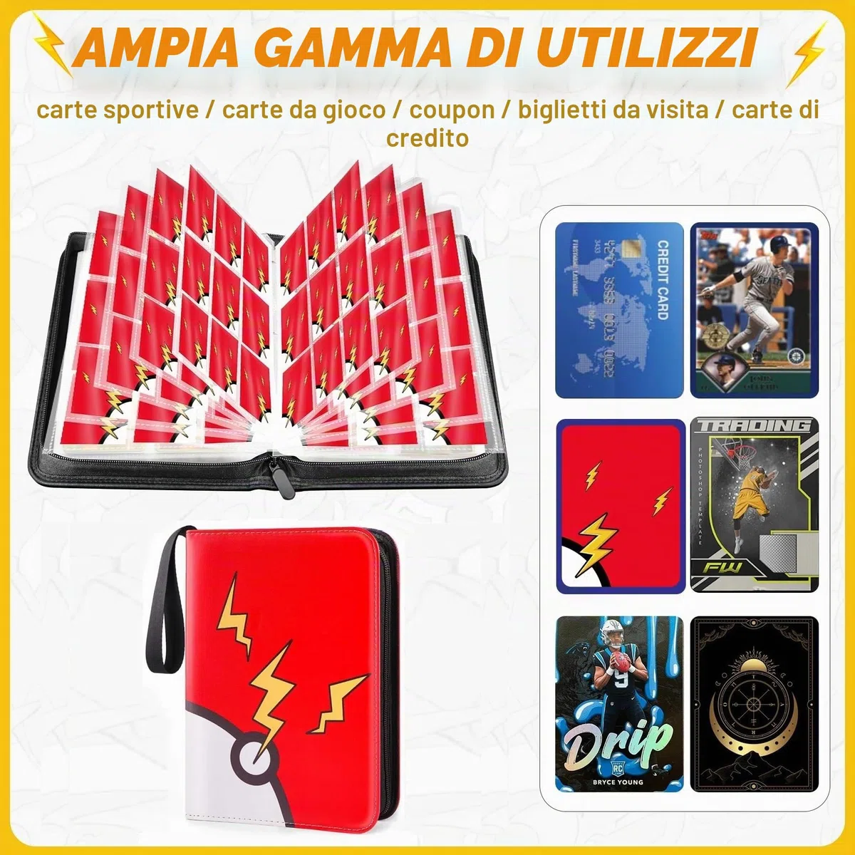 Raccoglitore Carte Pokemon 9 Tasche, Album Carte con Cerniera, PU Album Porta Carte Impermeabile, 50 Pagine, 900 Tasche