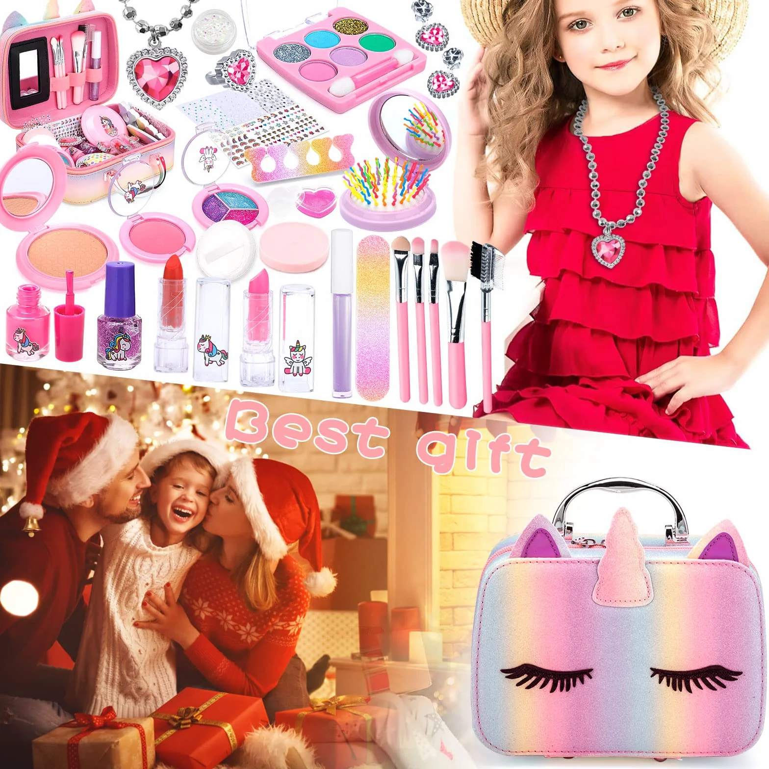 Set di trucchi per bambine, 31 pezzi, lavabili, con astuccio per il trucco, set per il trucco per Natale e compleanno, per bambine e ragazze