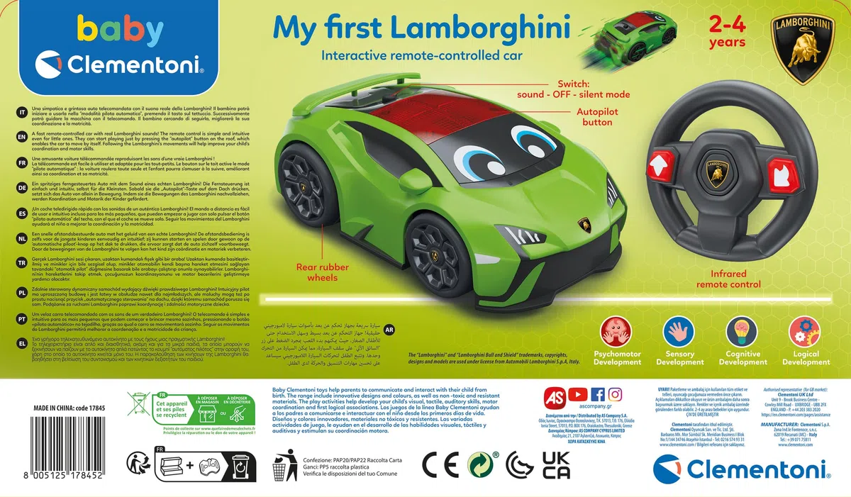 Clementoni - 17845 - My First Lamborghini Huracán Tecnica - Baby Rc Car - Modello Macchinina Telecomandata in Scala, Parlante Ed Interattiva, Bambini dai 2 Anni (in Italiano, Batterie Auto Incluse)