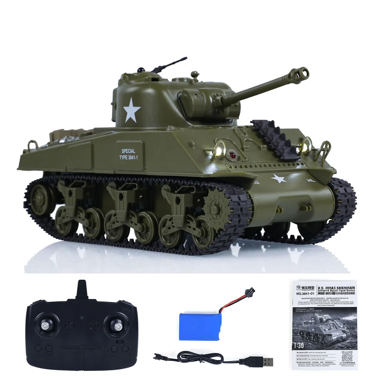Henglong 1/30 RC Carro armato da combattimento Sherman M4A3 3841-01 2,4 G con torretta rotante a 320° a infrarossi