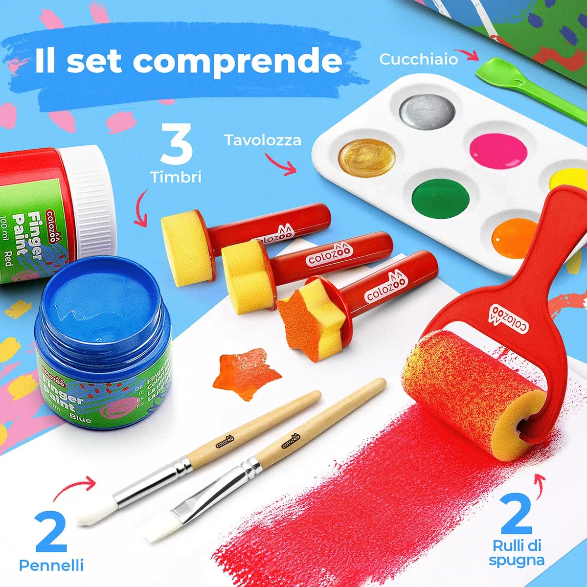 colozoo Colori a Dita per Bambini Atossici Inc. accessori | Tempere Lavabili per Bambini 8x100ml Colori Inc. Oro e argento | Senza Parabeni, Glutine e Lattosio, a Base D'acqua, Vegano