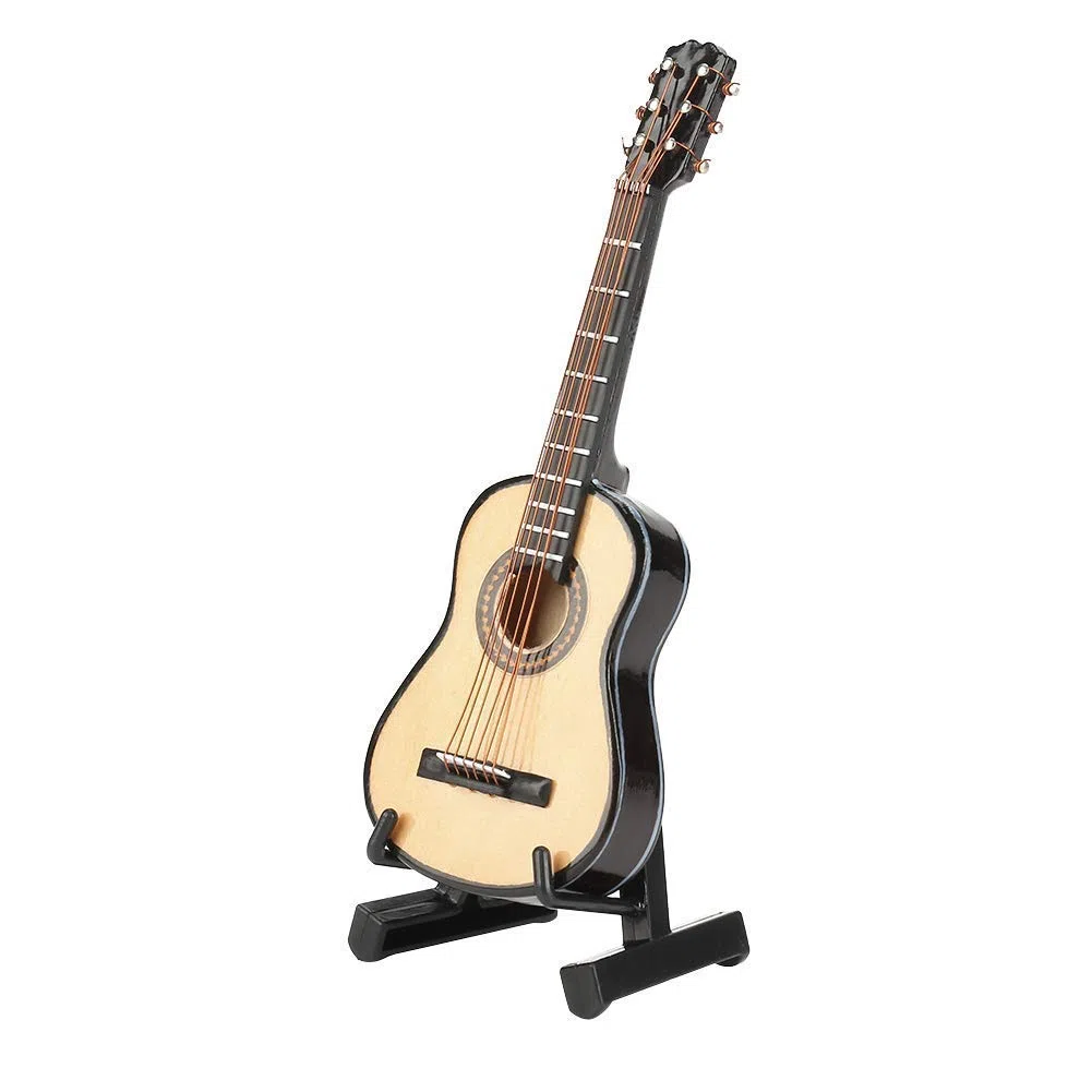 Walfront Modello di Chitarra In Miniatura In Legno con Supporto e Mini Strumento Musicale per la Decorazione Della Casa del Modello di Casa Delle Bambole In Miniatura