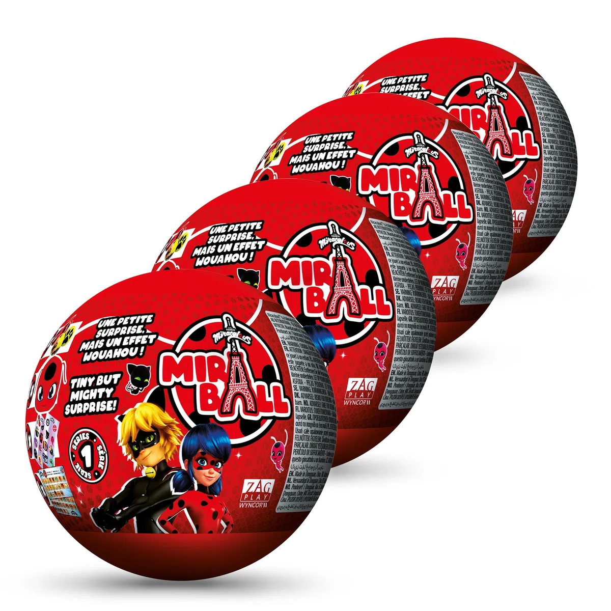 Miraculous Ladybug, giocattolo da collezione capsula 4-1, Set di 4, Miraball sorpresa: Kwami in peluche estensibile,Sfera di metallo con immagini dei personaggi,Adesivi luccicanti,Nastro per appendere