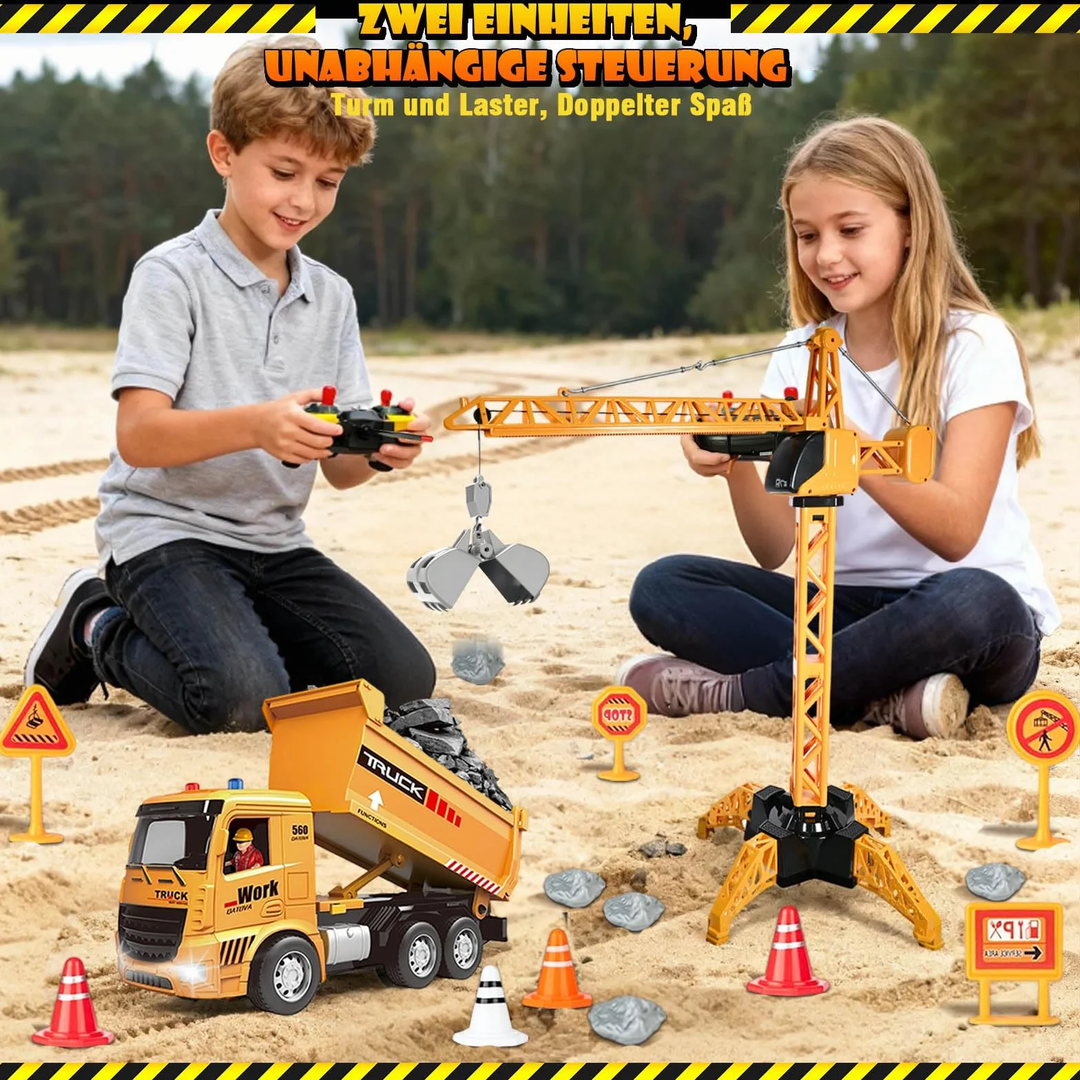 Gru Giocattolo e Camion per Bambini, 2 RC 2,4 GHz Set di Giocattoli da Costruzione con Gancio di Sollevamento, Faro e Suono, Gru a Torre e Camion Telecomandati, Regalo Compleanno Ragazzi dai 6 Anni