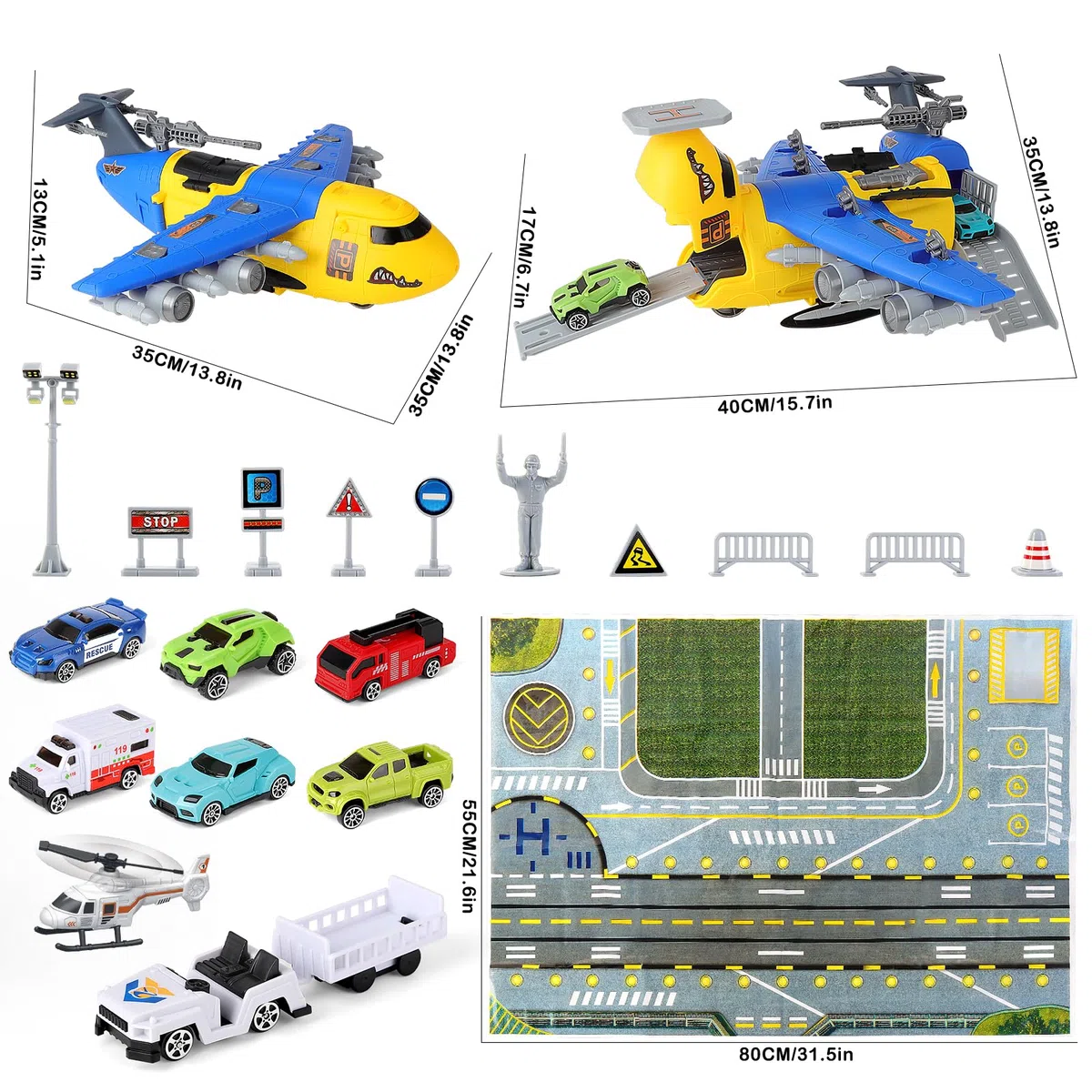 deAO Trasporto Aereo e Set di Giocattoli per Auto, Trasporto Aereo Auto Giocattolo Aerei Giocattolo per Bambini, Aereo da Trasporto con 1 Elicotteri 8 Mini Auto 10 Segnali Stradali Regalo per Bambin