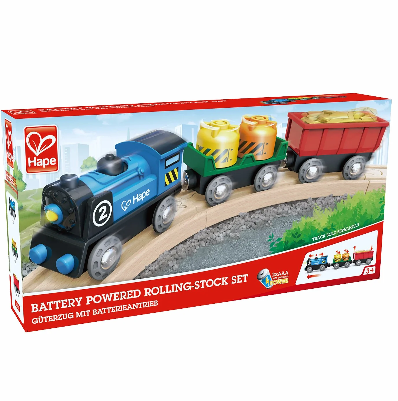 Hape Treno merci a batteria - Locomotiva giocattolo con due vagoni dotati di luci, effetti e giunti magnetici compatibili per gioco a tema ferrovia dai 3 anni