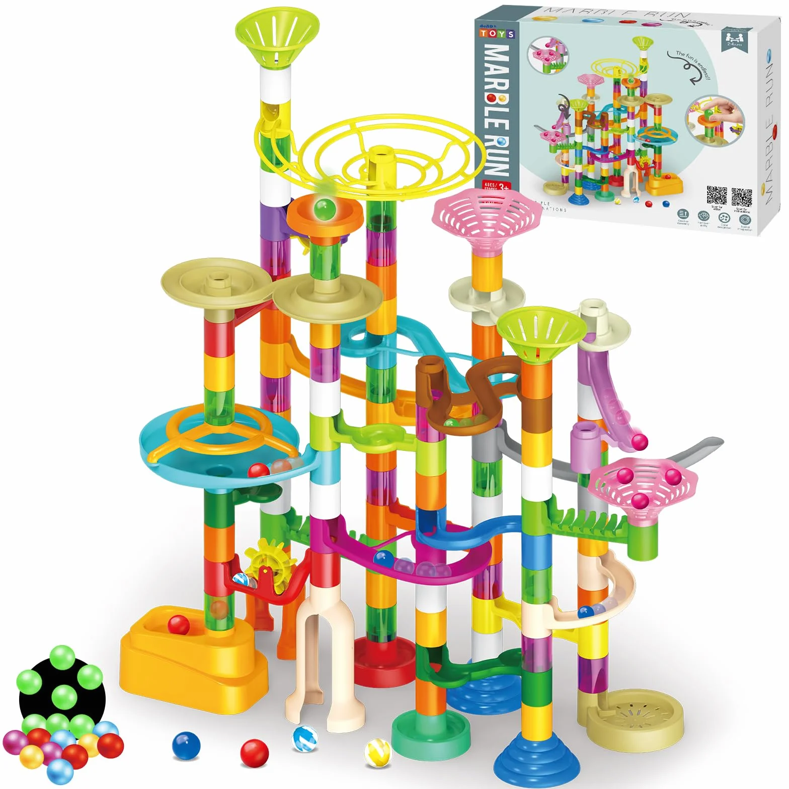 deAO Torre Marble Run Pista per Biglie per Bambini – Gioco di Costruzione STEM Educativo, Pista Creativa da Assemblare con 150 Pezzi e 60 Biglie (30 Fosforescenti), Gioco per Bambini 3+ Anni