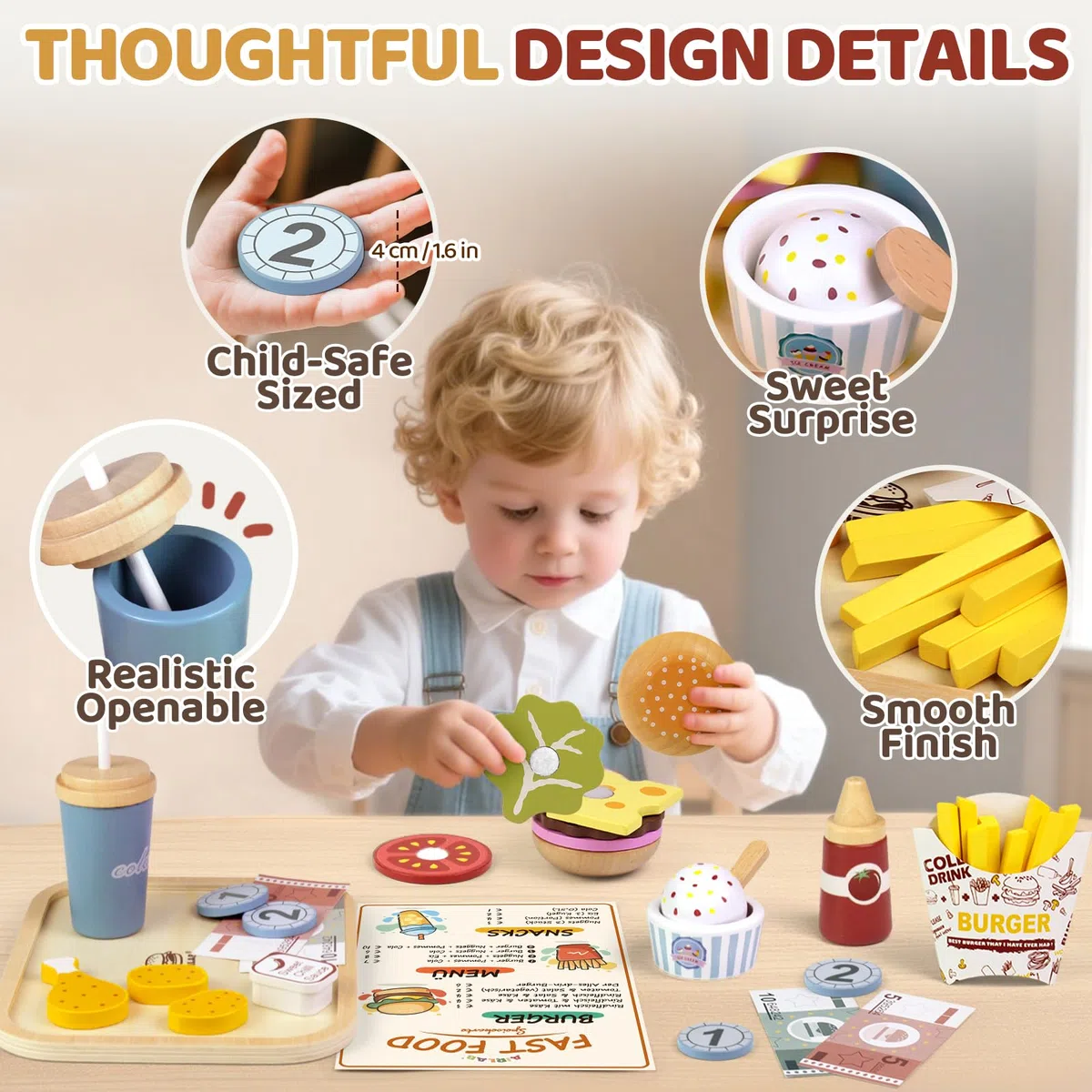 Airlab Fast Food Giocattolo, Accessori Cucina Giocattolo Legno per Bambini Bambina, Set Cibo Veloce Finto Giocattolo per Cucina Bambini, Regalo Bambino Compleanno Pasqua Halloween Natale 3 4 5+ Anni