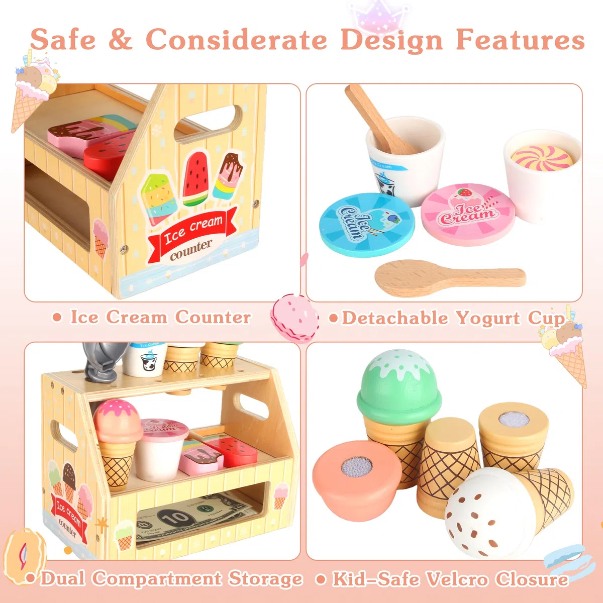 Carretto Gelati Giocattolo in legno per bambini,set gelateria 36 pezzi con espositore e monete, Carretto Gelati Giocattolo per gioco di ruolo educativo per bambini da 3 anni