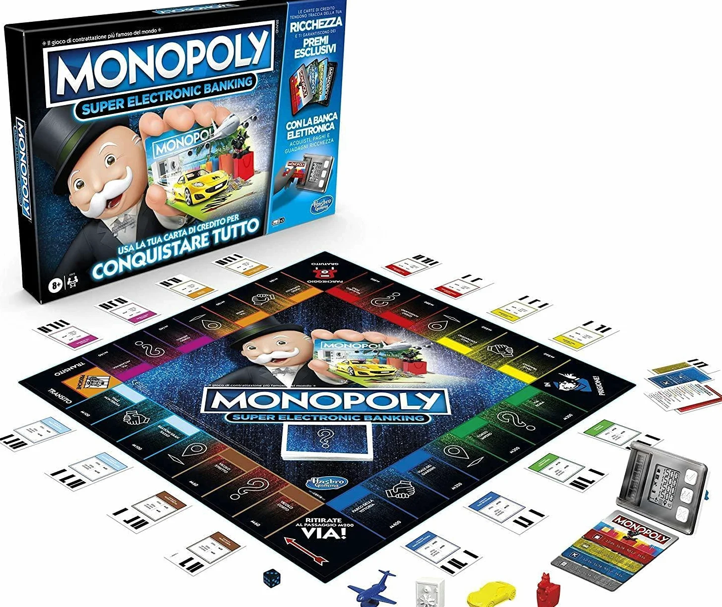 Monopoly hasbro super electronic banking, gioco in scatola, variante con carte di credito e spazi aerei, include lettore elettronico hasbro gaming, per famiglie e bambini da 8 anni in su