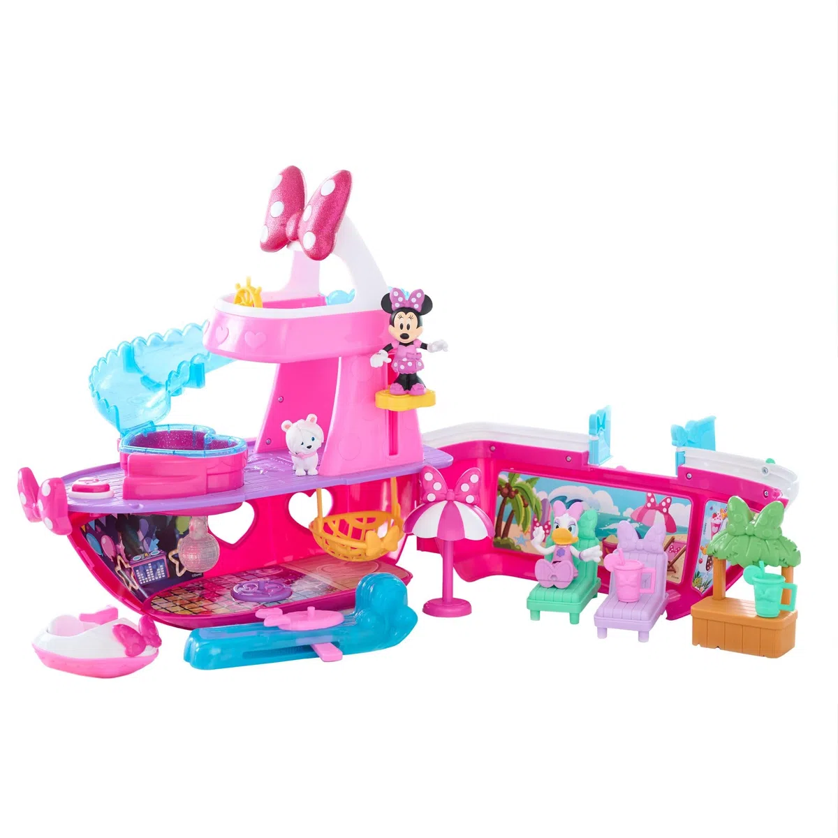 Just Play Disney Junior Minnie Mouse Yacht Playset con effetti sonori e luminosi, 14 accessori, giochi di finzione, giocattoli per bambini dai 3 anni