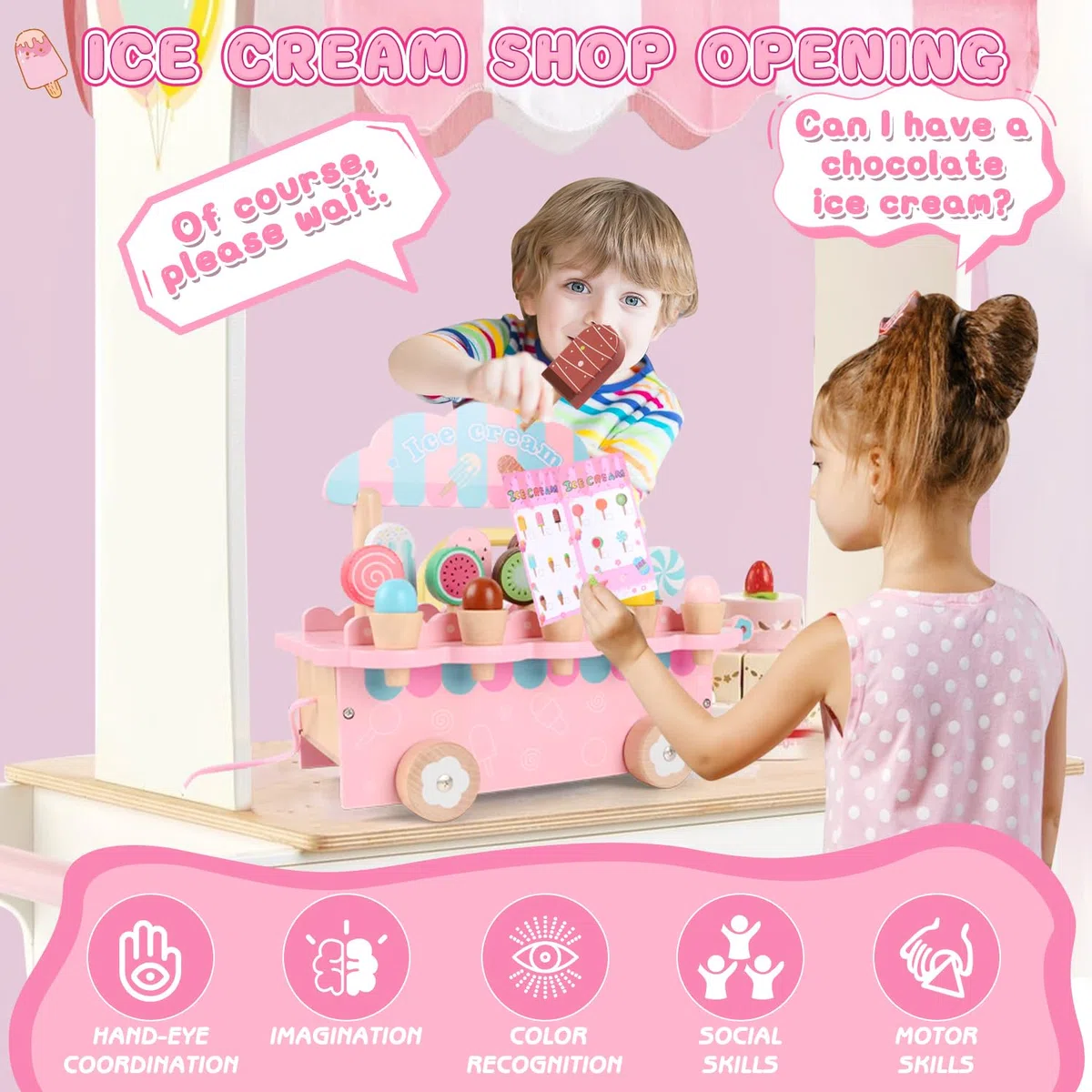 Gelateria Giocattolo per Bambini, Carretto Gelati Giocattolo Legno, Gelateria Cucina Giocattolos Educativi Montessori, Accessori Cucina Legno, Giochi Ruolo Montessori Regalo per Bambina 3 4 5 6 7 Anni