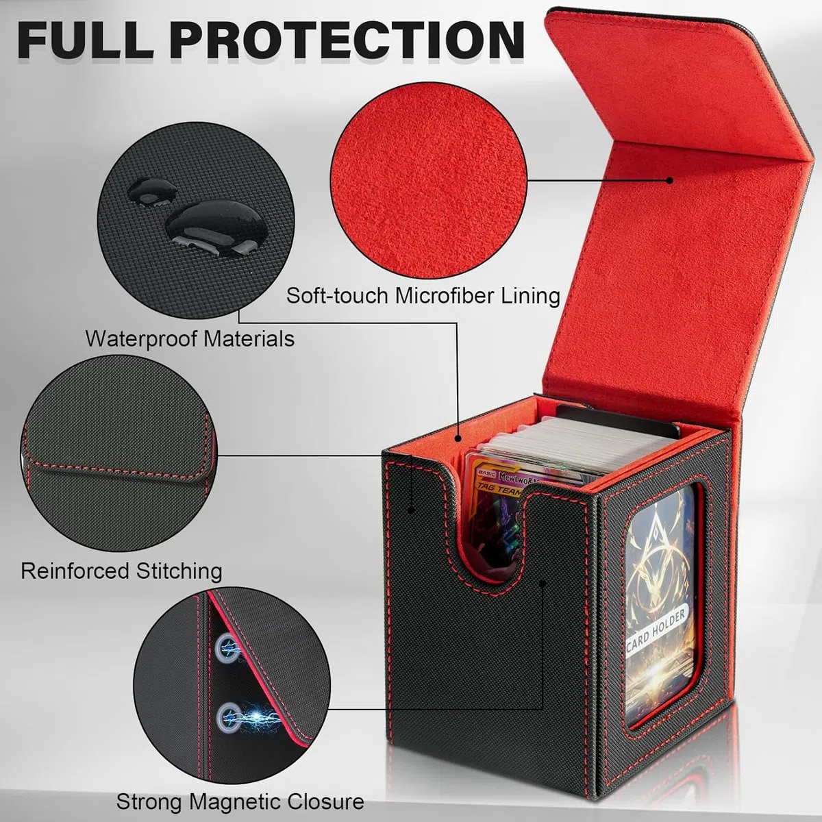 Deck Box con Due Divisori,Magnetic Flip Deck Box Magic mit Display per MTG Magic Commander TCG,Porta Deck Capacità di 100+ Carte,Pelle PU Deckbox,Nero Rosso